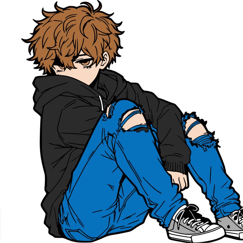a male hoddie ripped jeans messy hair anime