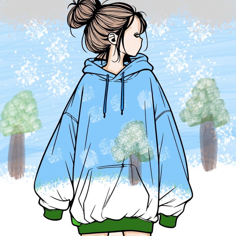 realistic girl with a oversized sweatshirt on and a bun