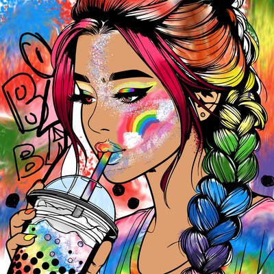 realistic girl drinking boba tea with braided hair