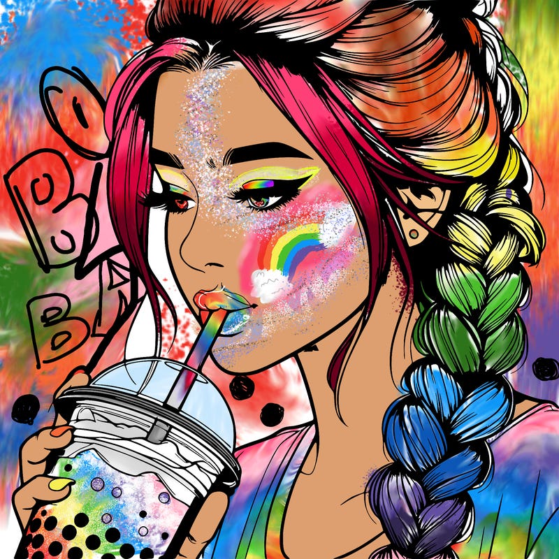 realistic girl drinking boba tea with braided hair