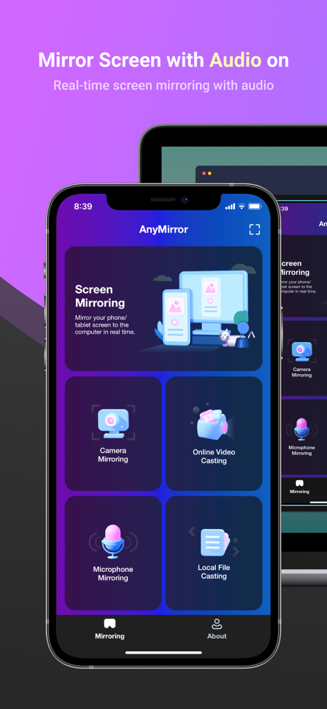 Pantalla de la aplicación AnyMirror en un iPhone mostrando opciones de duplicado de pantalla para audio y cámara a un PC