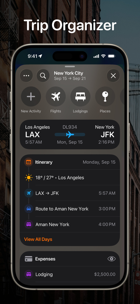 Tripsy mobile app displaying a detailed trip itinerary for New York with flight and expense tracking