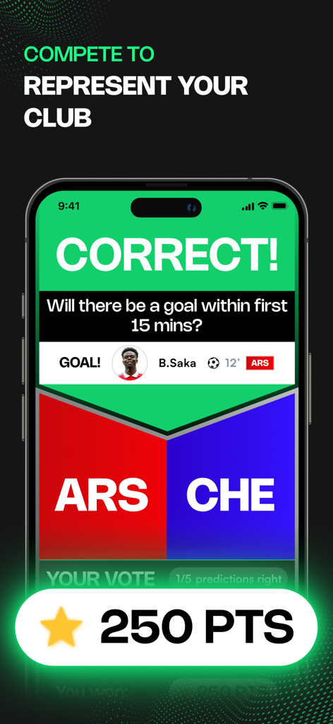 JOSTL app screenshot showing a correct match prediction and points earned for a Premier League game