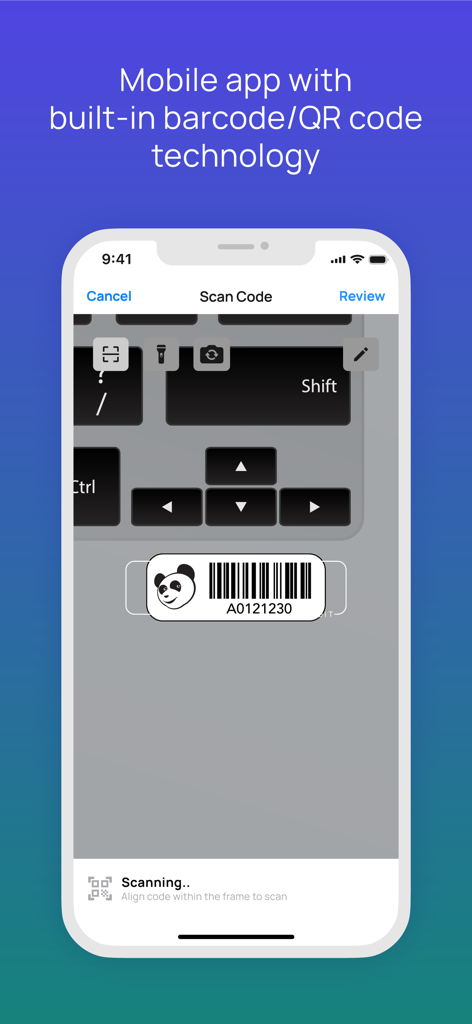 Asset Panda Pro mobile app interface demonstrating built-in barcode and QR code scanning technology for asset management