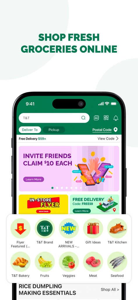 T&T大統華 – Grocery & More - Home screen of the T&T Supermarket app featuring online grocery shopping categories and promotions.