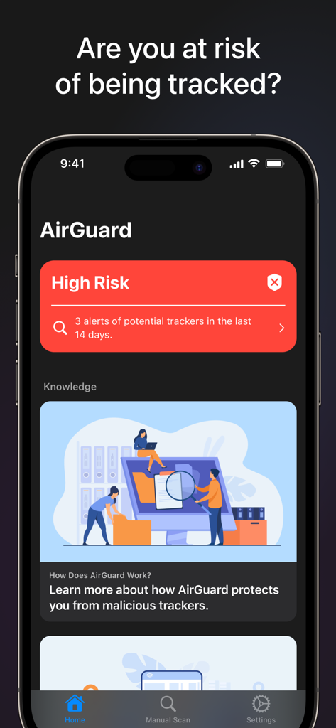 AirGuard - Tracking Protection - AirGuard mobile app interface showing a high risk alert for potential tracker detection