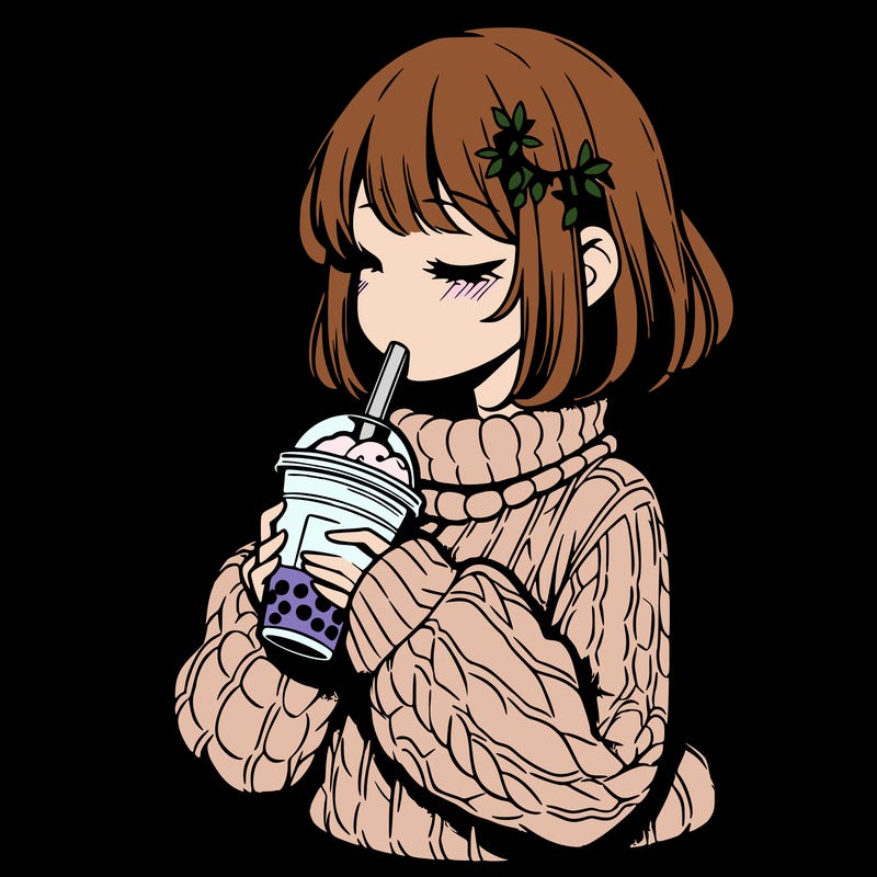 manga girl drinking boba in cozy sweater