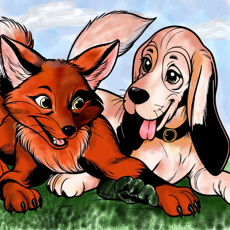 a fox and a hound dog playing together realistic