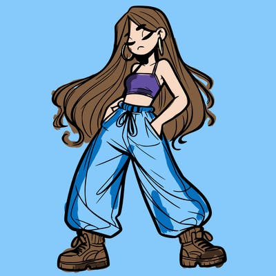 girl in baggy pants crop top and long hair