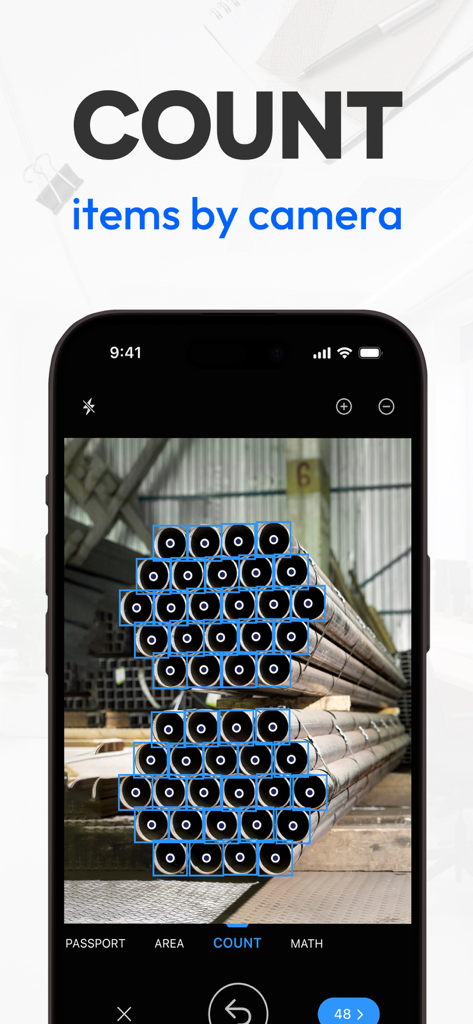 A mobile app interface from Tiny Scanner demonstrating the camera-based item counting tool on a stack of pipes.