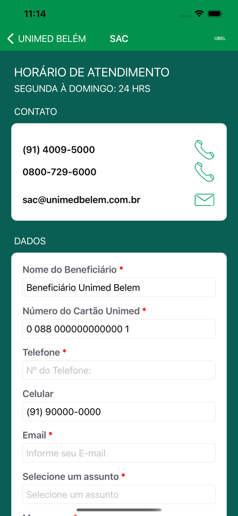 Una captura de pantalla de la página SAC de la aplicación Unimed Belem que muestra información de contacto del servicio al cliente y un formulario de datos del usuario.
