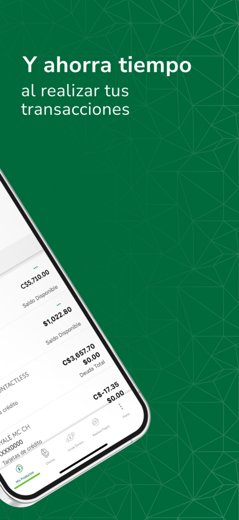 Teléfono móvil mostrando la pantalla de la aplicación Banca Móvil Banpro con saldos de cuenta y opciones de transacción