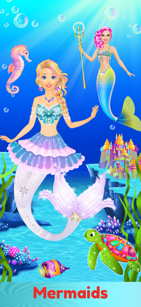 Dress Up & Makeup Girl Games - Dos sirenas coloridas en una escena submarina con una tortuga marina y un castillo del juego de vestir