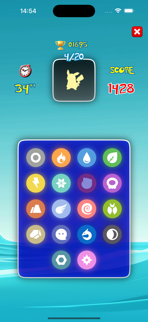 PokéQuiz - Tela de gameplay do PokéQuiz mostrando a silhueta de um Pikachu com uma grade de ícones de tipos elementais para seleção