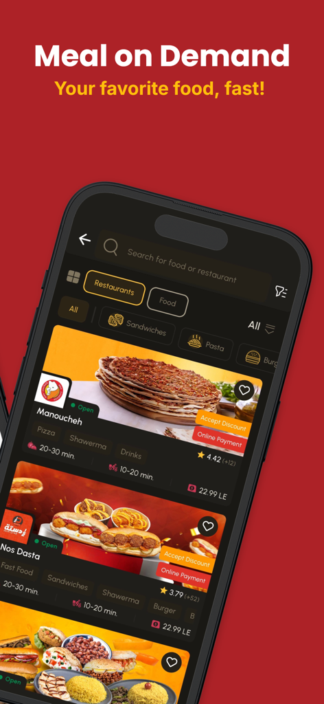 HurryApp | Food & more - Mobile app interface of HurryApp showing Egyptian food delivery options and restaurant listings.