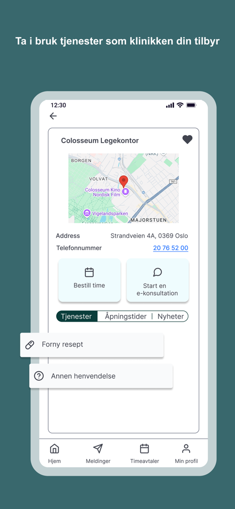 PatientSky - PatientSky app interface showing clinic location and healthcare service options