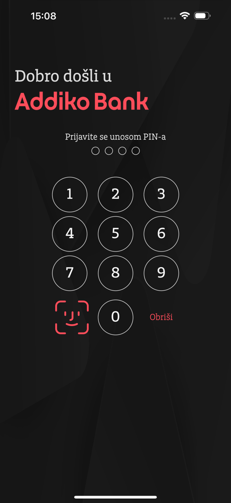 Addiko Mobile Crna Gora - Addiko Bank mobile app login screen featuring a numeric PIN keypad and Face ID biometric icon