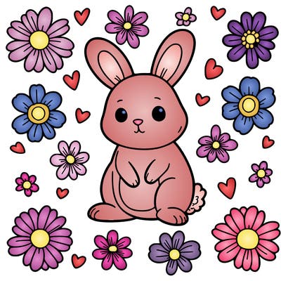 rabbit surrounded by flower shapes. flowers should be basic outlines (circle center, petals around). rabbit has more defined paws. medium lines.