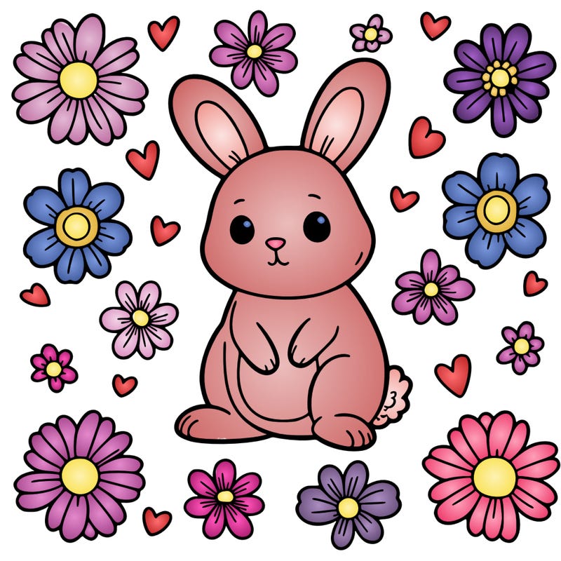 rabbit surrounded by flower shapes. flowers should be basic outlines (circle center, petals around). rabbit has more defined paws. medium lines.