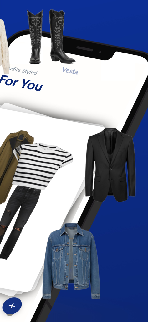 Mobile app interface showing personalized outfit recommendations with diverse clothing items like boots and jackets