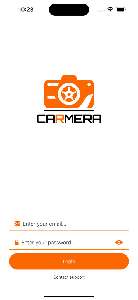 Carmera - Carmera app login screen with email and password input fields and an orange login button