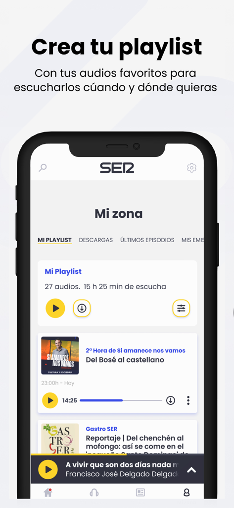 Interface of the Cadena SER Radio app showing the personalized playlist feature