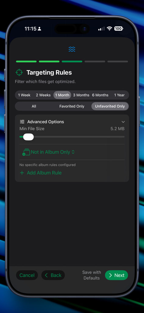 Sami - Media Optimizer - Sami app interface showing targeting rules for filtering media optimization by date and file size