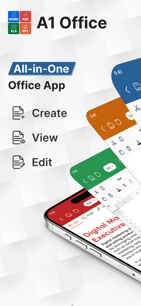 Office Suite-Word, Sheets, PPT - A1 Officeモバイルアプリ、Word、Sheets、PPTの作成ビューと編集機能を表示