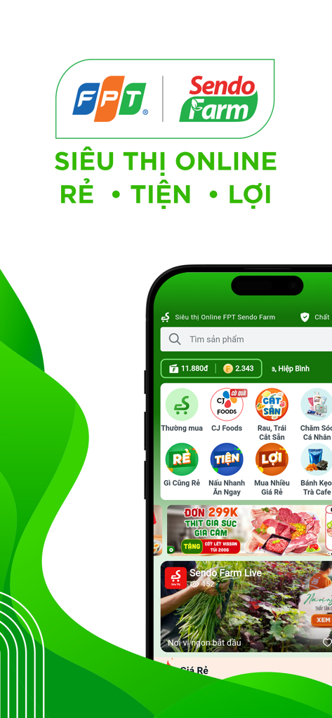 FPT Sendo Farm - Siêu thị - Interfaz de la aplicación móvil FPT Sendo Farm mostrando categorías y promociones para la compra de comestibles en línea