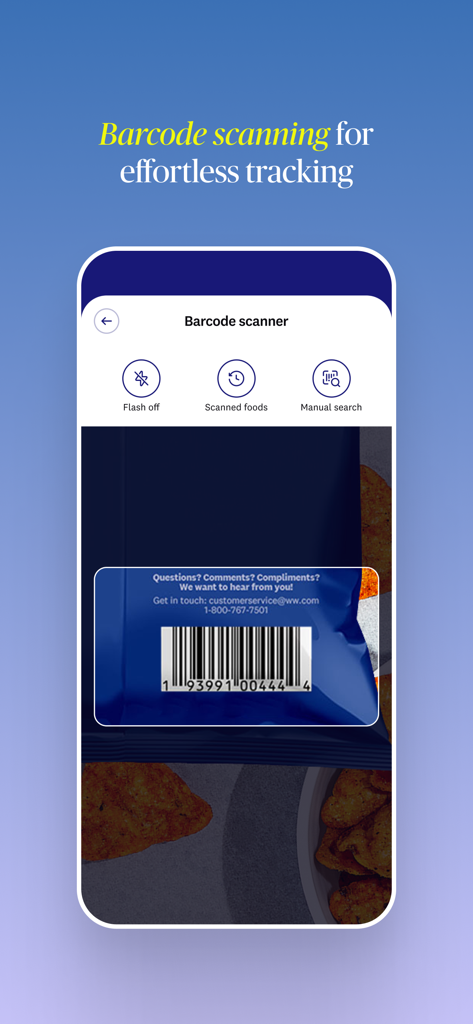 WeightWatchers Program - Interfaz de la aplicación WeightWatchers que muestra el escaneo de códigos de barras para un fácil seguimiento de alimentos