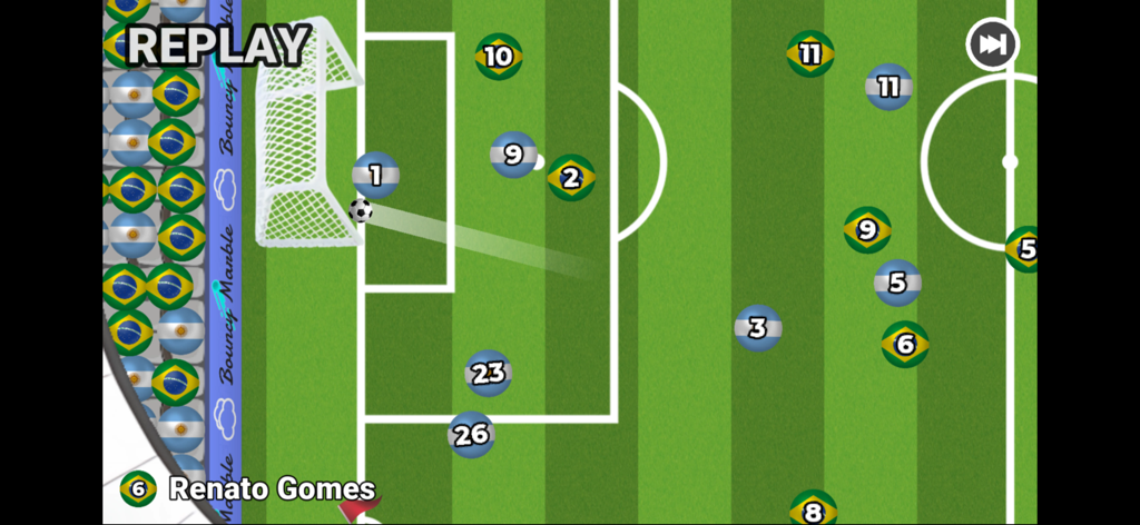 Marble Soccer - A goal replay in Marble Soccer featuring marble players from Argentina and Brazil on a soccer field.