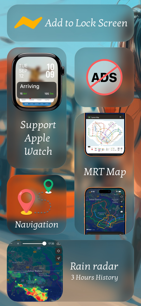Arriving: SG Bus Timing - Feature highlights of Arriving SG Bus Timing app including Apple Watch support MRT map and rain radar