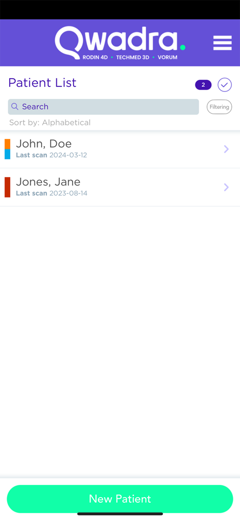 Interface of the 3DsizeME app showing a patient list with scan dates and a new patient button for orthotics and prosthetics professionals