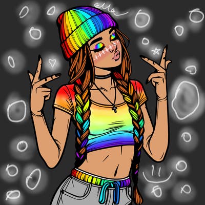 realistic teenage girl with braids and a beanie and crop top doing 🫶🏼