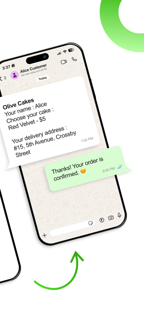 A smartphone showing a structured order form received in a WhatsApp chat for a cake business