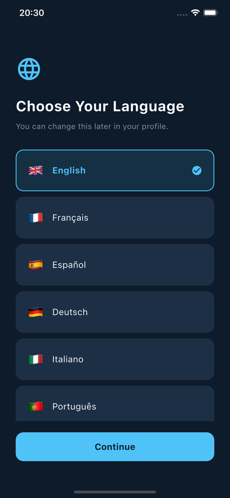 My Budget & Savings Tracker - Pantalla de selección de idioma en la aplicación Mi Presupuesto y Rastreador de Ahorros que muestra opciones para inglés, francés, español, alemán, italiano y portugués.