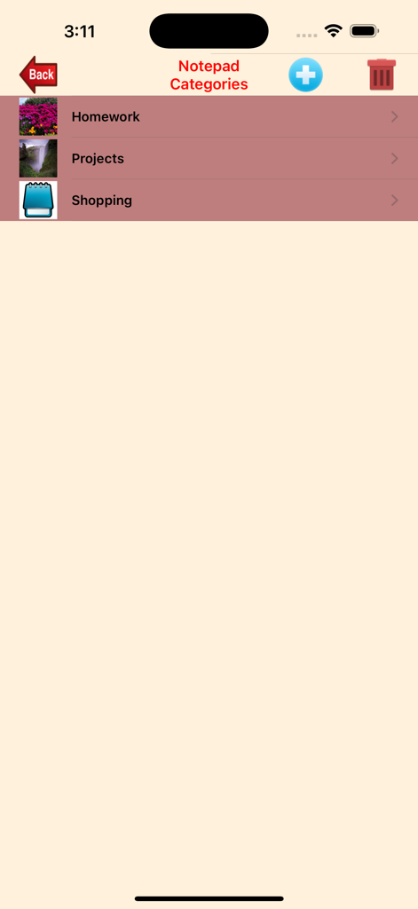 NotePad-Pro - Screenshot of NotePad-Pro showing categories for homework projects and shopping with custom icons