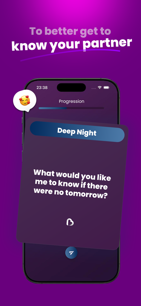 Bloomy couple game app Deep Night feature showing an intimate conversation question.