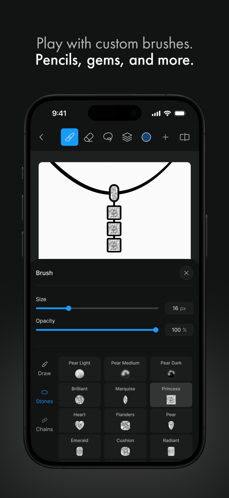 Interface of the BLNG AI app showing custom brushes and a variety of gemstone cuts for jewelry design sketching on a smartphone.