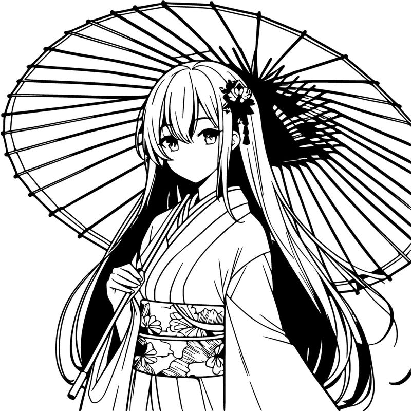 anime style long hair mature woman wearing short kimono holding japanese umbrella