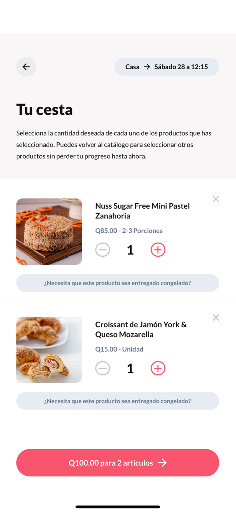 Genba - Pantalla del carrito de compras de la aplicación móvil Genba mostrando un pastel de zanahoria y un croissant de jamón y queso
