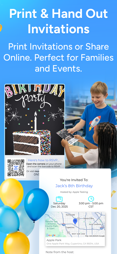 Ein Kind, das eine gedruckte Einladung neben einer digitalen Geburtstagseinladung mit einem QR-Code zur RSVP-Verfolgung übergibt