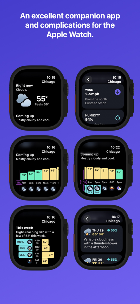 Várias telas do Apple Watch mostrando a interface do aplicativo Hello Weather e complicações