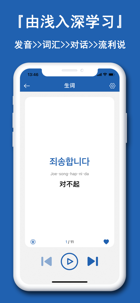 Mobile app interface showing a Korean vocabulary flashcard for the phrase I am sorry with Chinese translation and pronunciation.