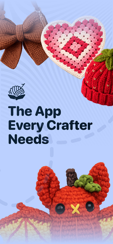 CraftBook: Crochet Made Easy - Pantalla introductoria de la aplicación CraftBook que muestra proyectos de crochet terminados, incluyendo un gorro de fresa y un amigurumi de murciélago.