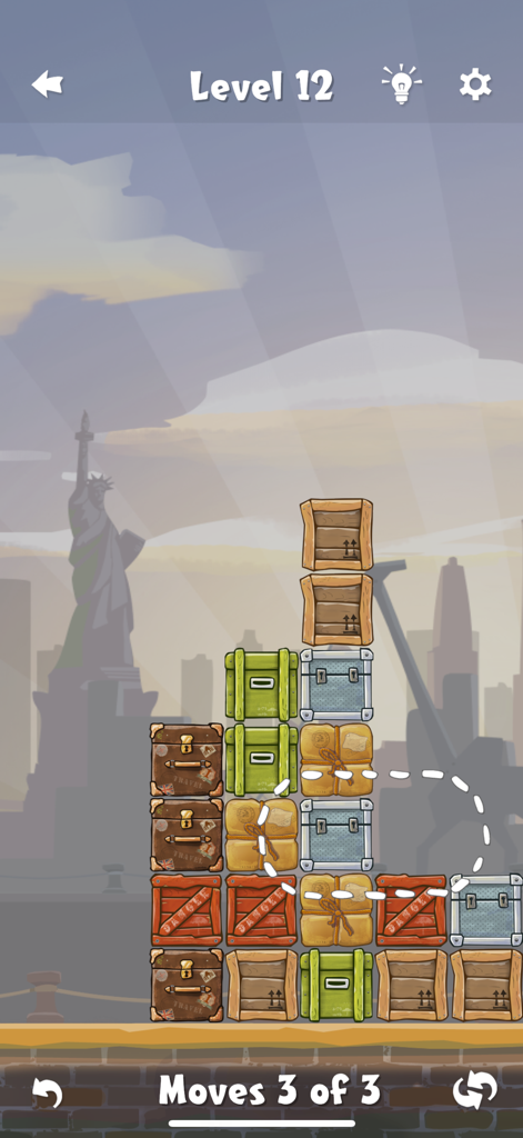Move the Box - Level 12 of Move the Box puzzle game showing stacked crates and New York City skyline