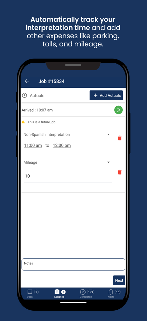 Propio Workforce OS - Pantalla de la aplicación móvil que muestra el seguimiento del tiempo y el kilometraje del trabajo de interpretación