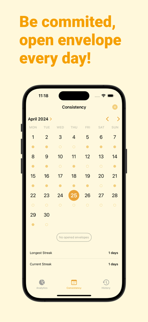 Savings Tracker - Envelopes - Calendario de constancia de la aplicación Rastreador de Ahorros mostrando progreso diario y rachas