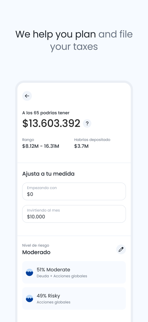 Fintual: Invierte y ahorra - Fintual Mobile App-Oberfläche zeigt eine Projektion der Altersvorsorge und Optionen zur Steuerplanung