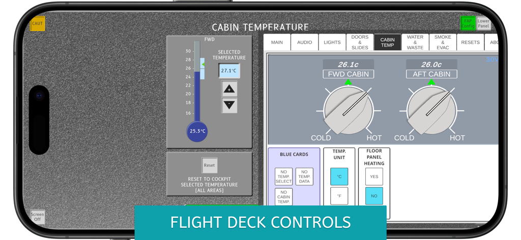 A320 FAP Simulator - Interfaz del Simulador A320 FAP mostrando controles de temperatura de cabina y controles de cabina de vuelo para entrenamiento.
